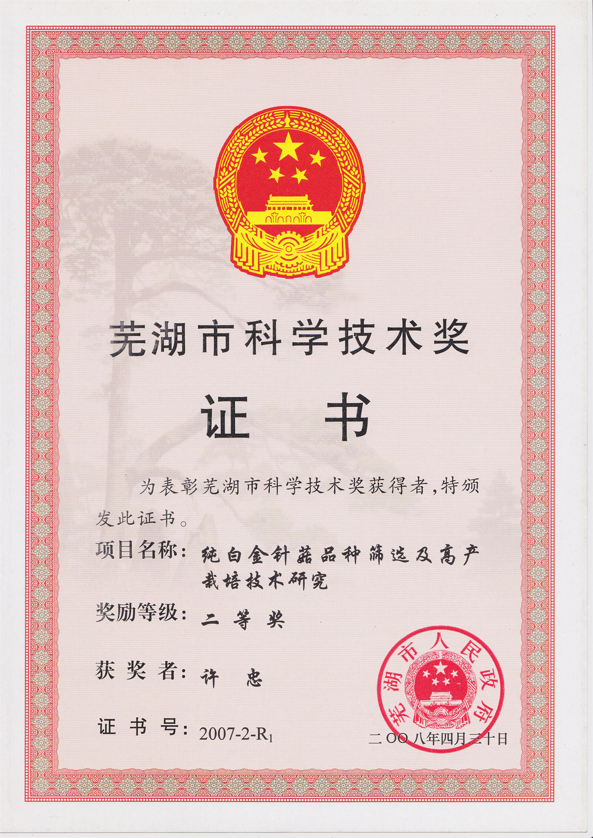 许忠-芜湖市科技进步二等奖证书